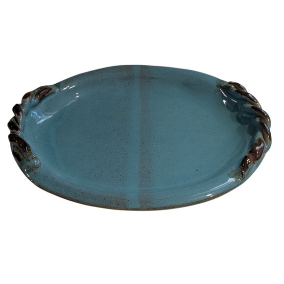 Handcrafted Turquoise Ceramic Platter w/ Twisted Handles Signed by Alana 2010 - Picture 7 of 10